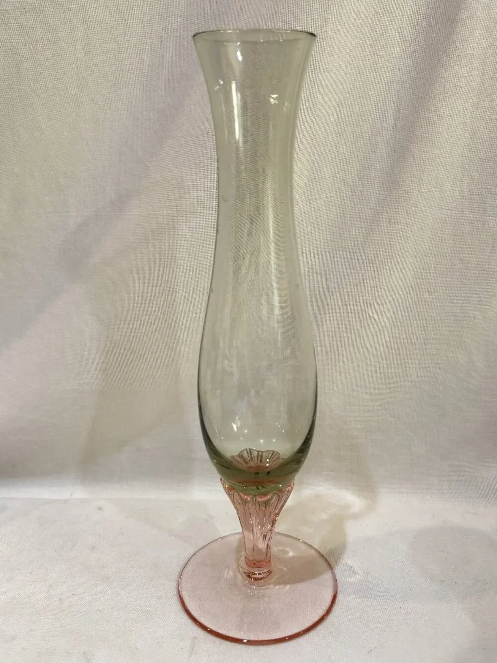 VTG Glass Pedestal Bud Vase Pink Stem Green Tint Glass Vase